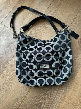Coach Kristin Op Art Sateen Hobo bag in black and gray with baby blue interior